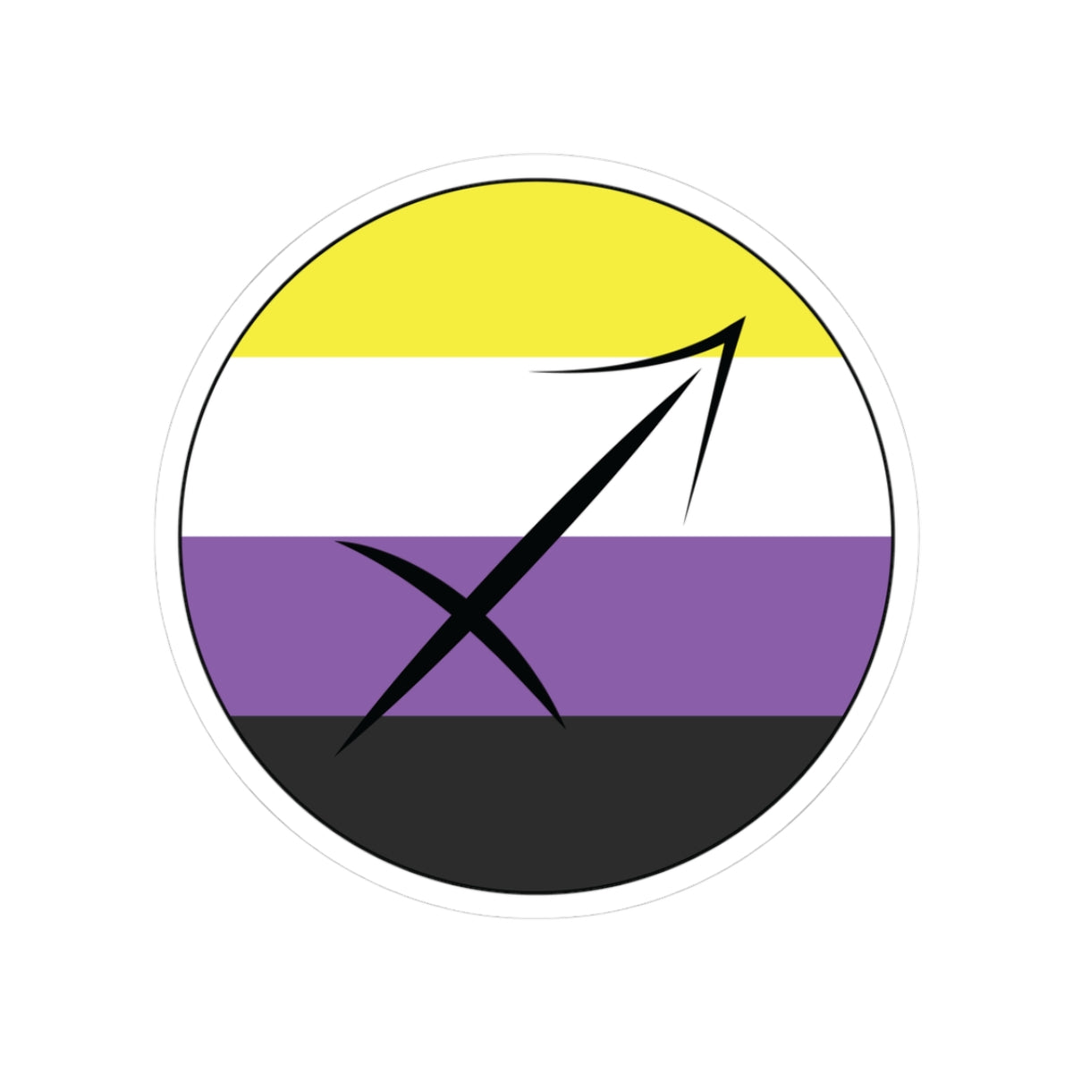 Circular nonbinary pride flag zodiac sticker with a thin black outline and white sticker border, featuring a centered black Sagittarius zodiac glyph. The sticker is shown on a white background.