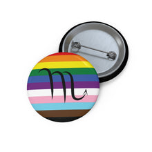 Front and back view of a circular progress pride flag button featuring the Scorpio zodiac symbol in black centered on the front.