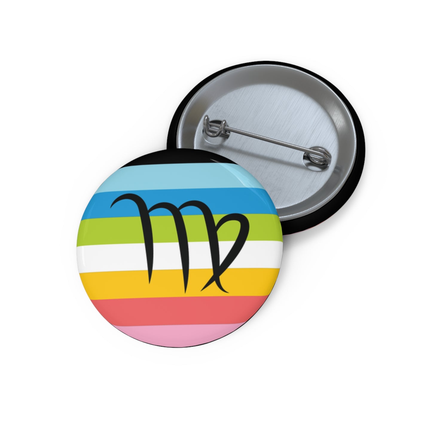 Front and back view of a circular queer pride flag button featuring the Virgo zodiac symbol in black centered on the front.