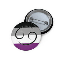 Front and back view of a circular asexual pride flag button featuring the Cancer zodiac symbol in black centered on the front.