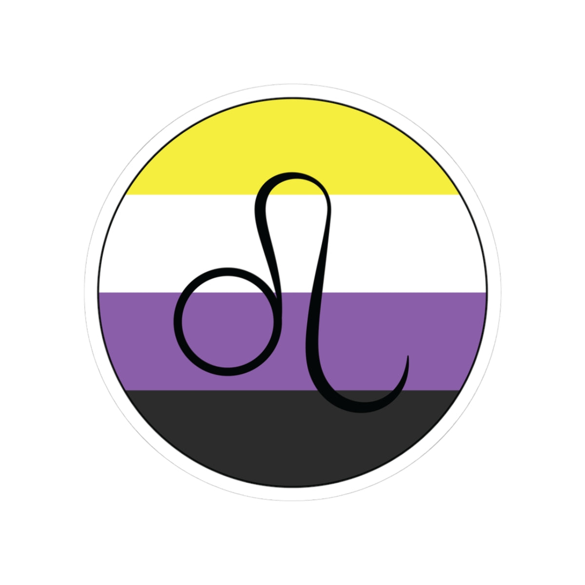 Circular nonbinary pride flag zodiac sticker with a thin black outline and white sticker border, featuring a centered black Leo zodiac glyph. The sticker is shown on a white background.