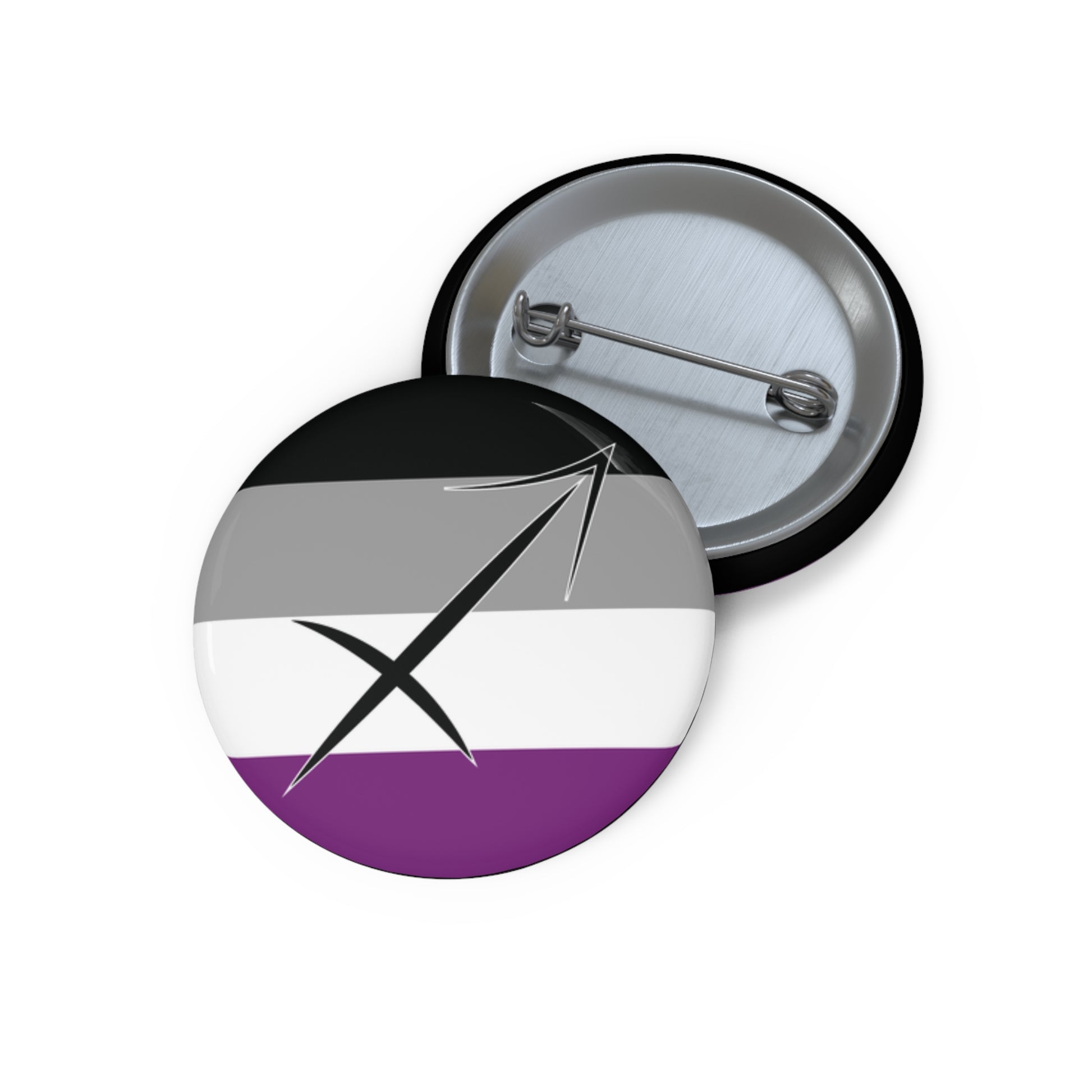 Front and back view of a circular asexual pride flag button featuring the Sagittarius zodiac symbol in black centered on the front.