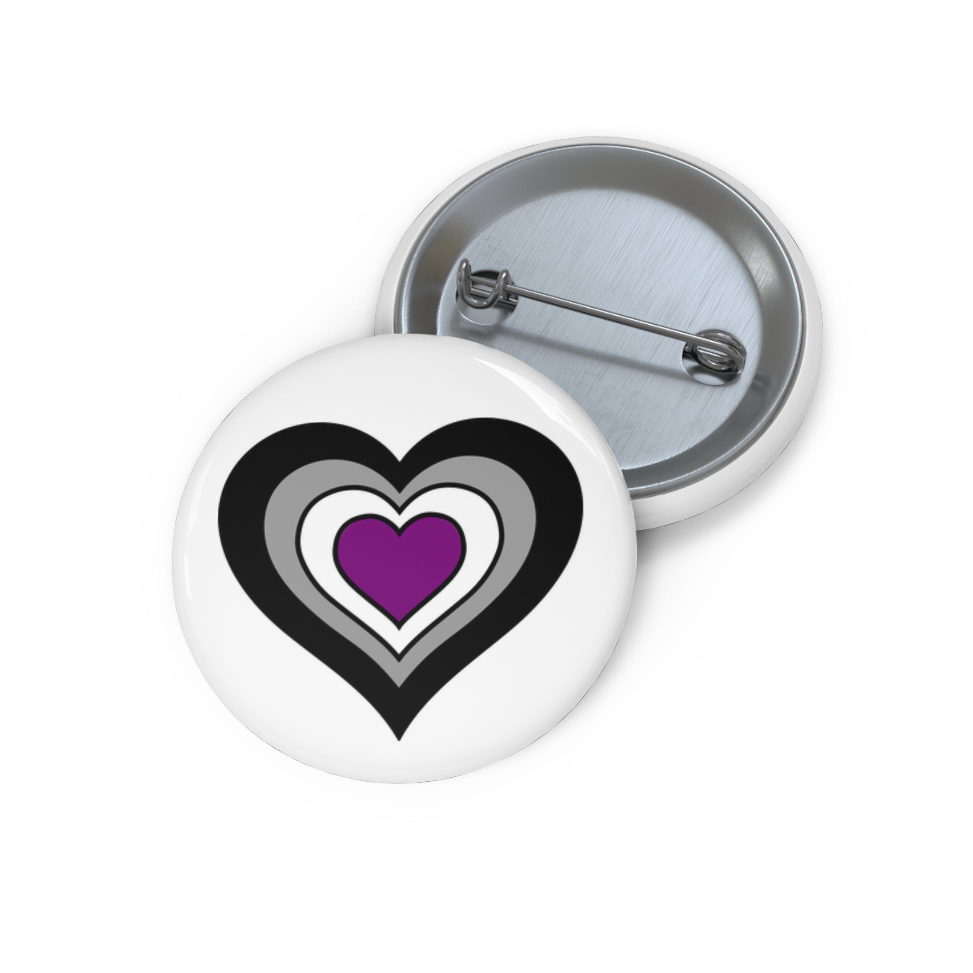 Front and back view of a white circular button with a heart-shaped asexual flag image. The button is shown on a white background.