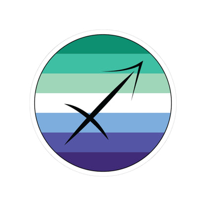Circular gay men pride flag zodiac sticker with a thin black outline and white sticker border, featuring a centered black Sagittarius zodiac glyph. The sticker is shown on a white background.