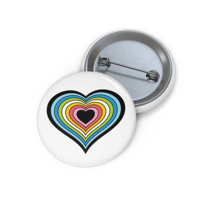 Front and back view of a white circular button with a heart-shaped queer pride flag image. The button is shown on a white background.