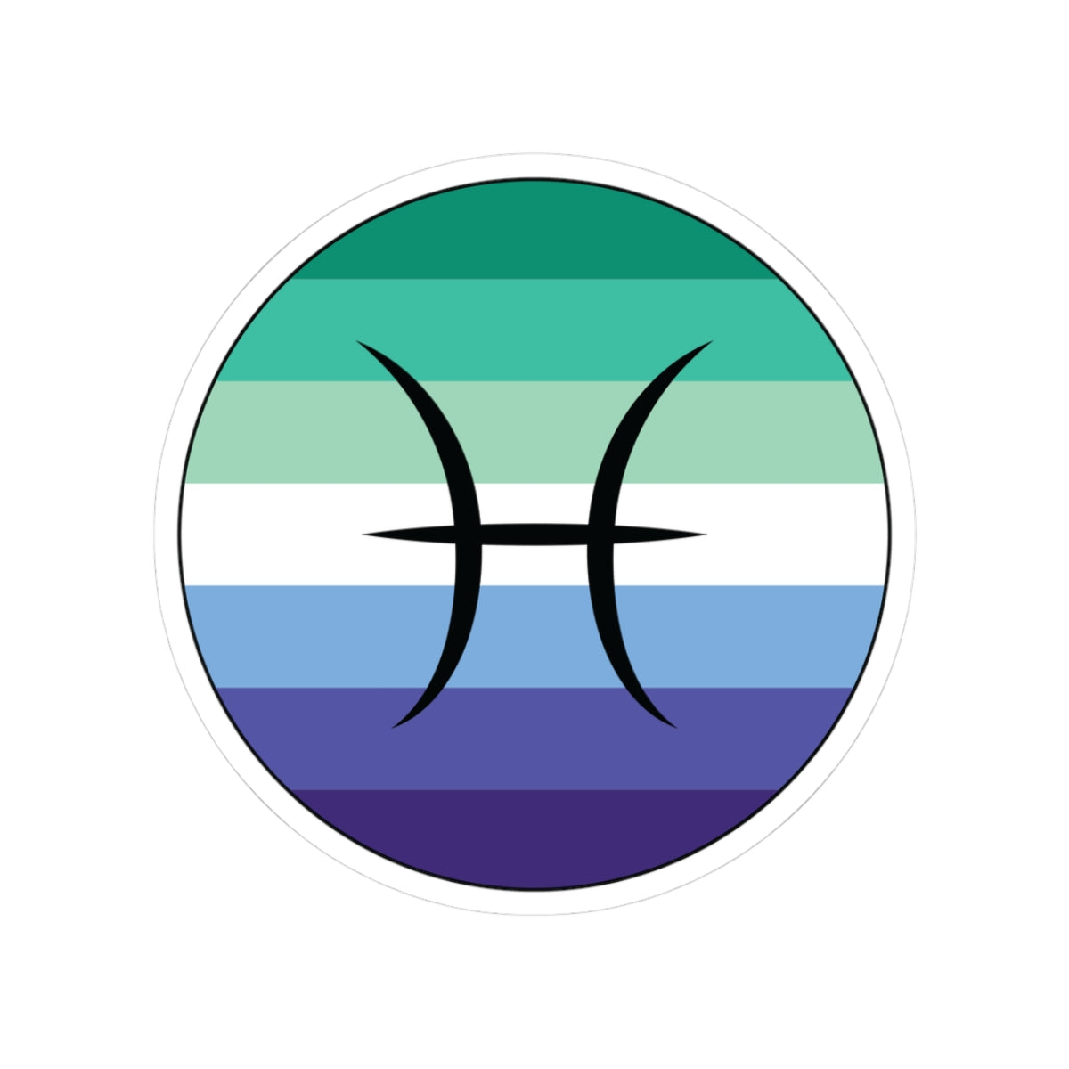 Circular gay men pride flag zodiac sticker with a thin black outline and white sticker border, featuring a centered black Pisces zodiac glyph. The sticker is shown on a white background.
