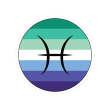 Circular gay men pride flag zodiac sticker with a thin black outline and white sticker border, featuring a centered black Pisces zodiac glyph. The sticker is shown on a white background.