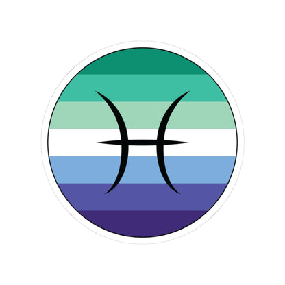 Circular gay men pride flag zodiac sticker with a thin black outline and white sticker border, featuring a centered black Pisces zodiac glyph. The sticker is shown on a white background.