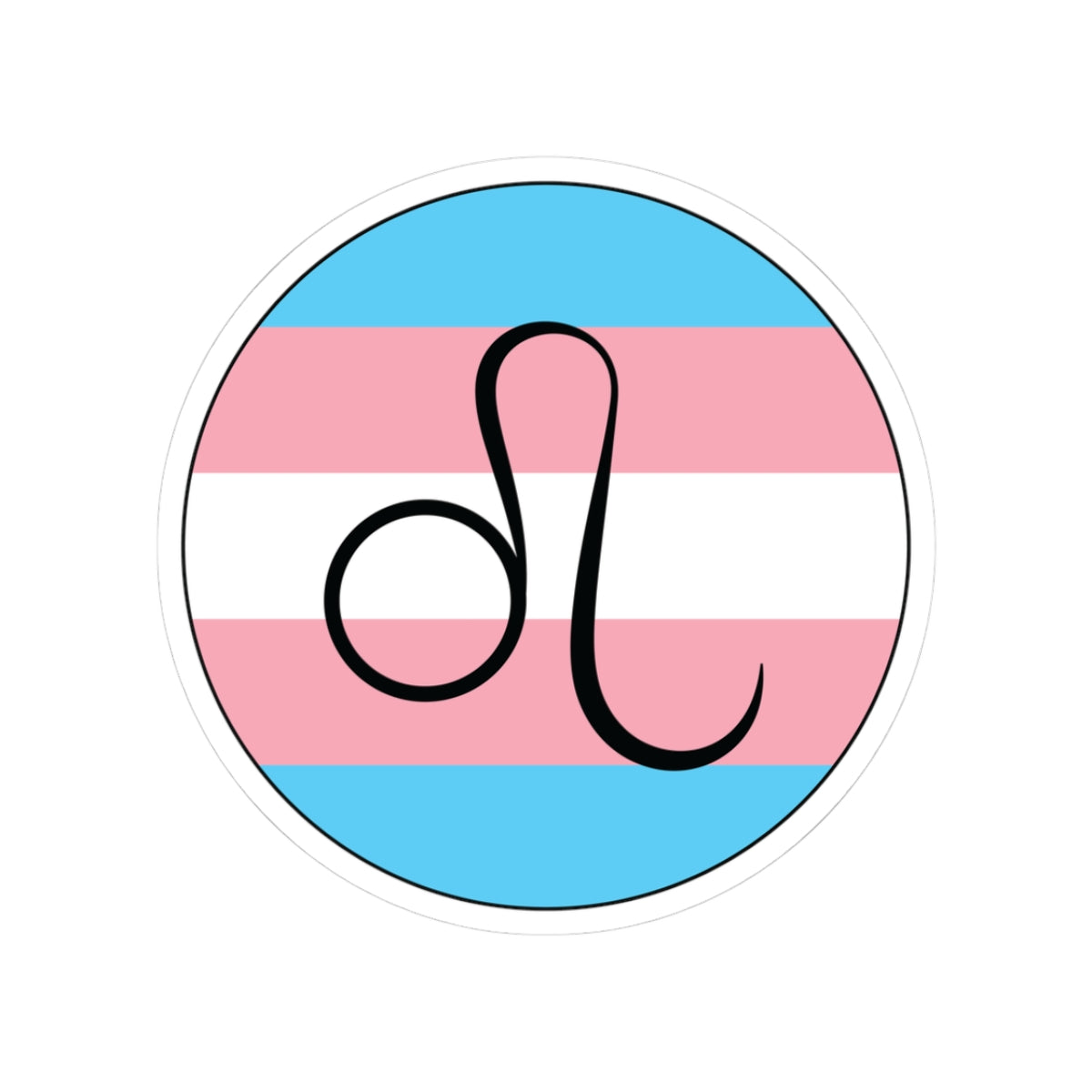Circular transgender pride flag zodiac sticker with a thin black outline and white sticker border, featuring a centered black Leo zodiac glyph. The sticker is shown on a white background.