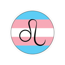 Circular transgender pride flag zodiac sticker with a thin black outline and white sticker border, featuring a centered black Leo zodiac glyph. The sticker is shown on a white background.