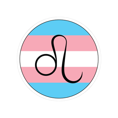 Circular transgender pride flag zodiac sticker with a thin black outline and white sticker border, featuring a centered black Leo zodiac glyph. The sticker is shown on a white background.
