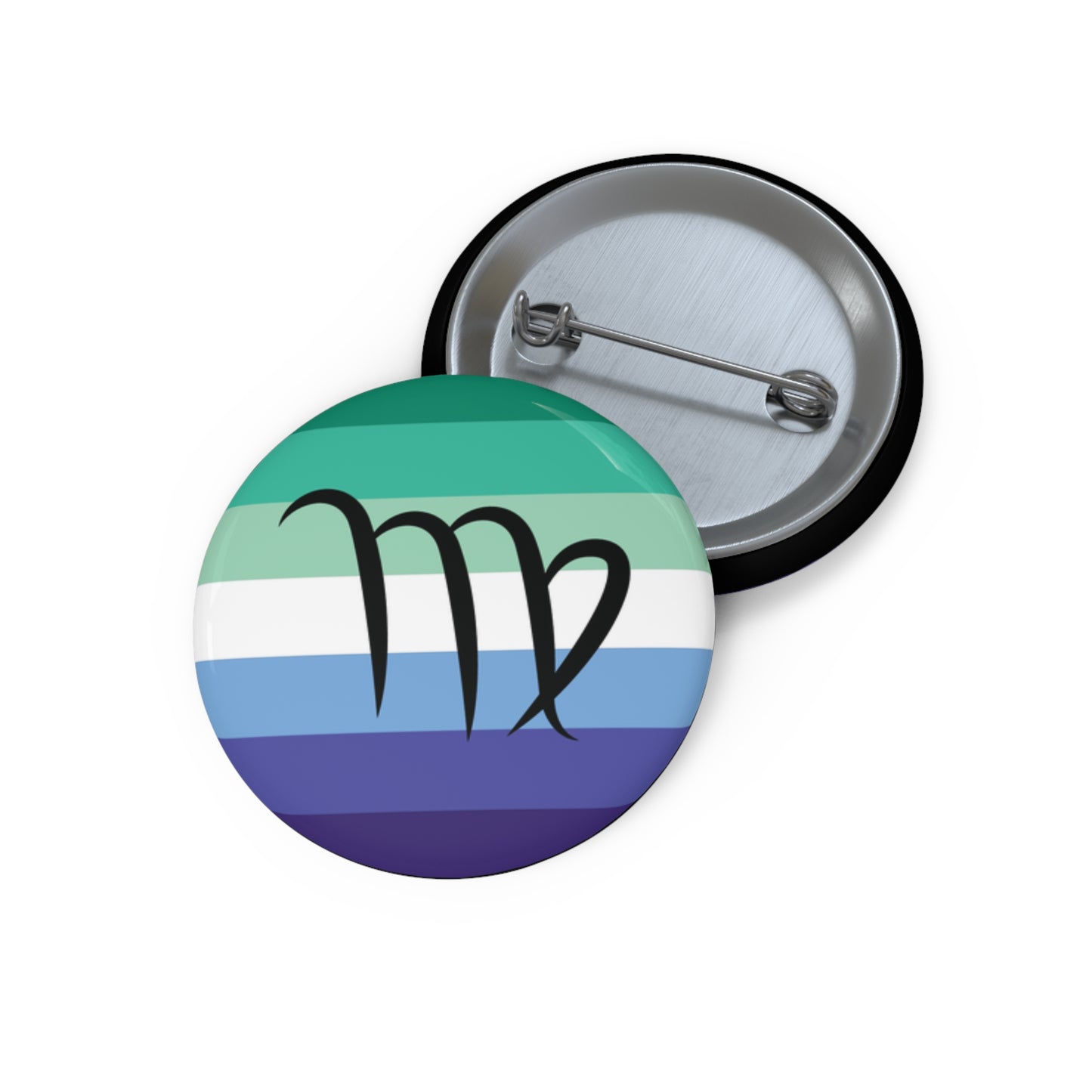 Front and back view of a circular gay men pride flag button featuring the Virgo zodiac symbol in black centered on the front.