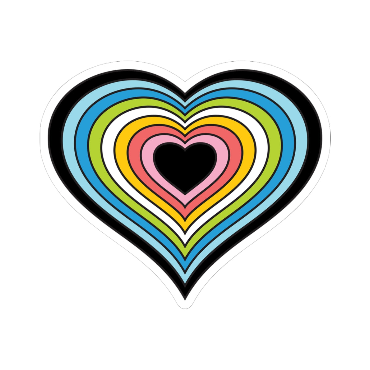 Heart-shaped queer pride flag sticker featuring nested heart stripes in black, light blue, blue, green, white, yellow, pink, light pink and black, outlined with a thin black border and a white sticker border. The sticker is shown on a white background.