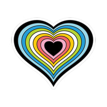 Heart-shaped queer pride flag sticker featuring nested heart stripes in black, light blue, blue, green, white, yellow, pink, light pink and black, outlined with a thin black border and a white sticker border. The sticker is shown on a white background.