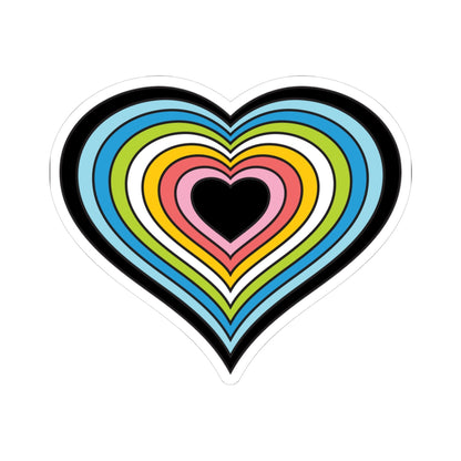 Heart-shaped queer pride flag sticker featuring nested heart stripes in black, light blue, blue, green, white, yellow, pink, light pink and black, outlined with a thin black border and a white sticker border. The sticker is shown on a white background.