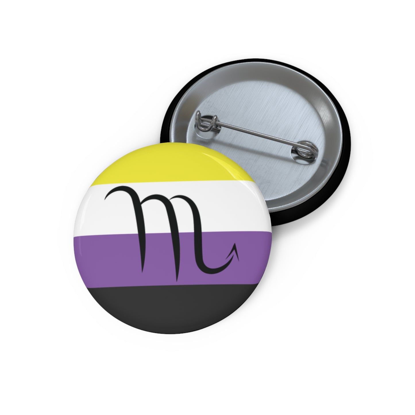Front and back view of a circular nonbinary pride flag button featuring the Scorpio zodiac symbol in black centered on the front.
