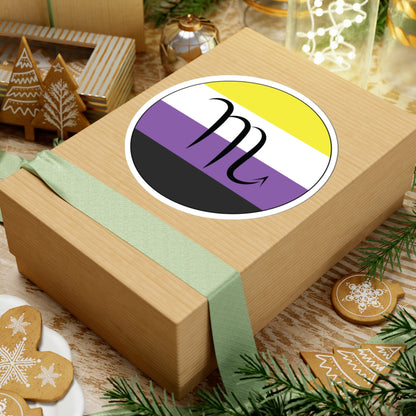 Gift box with a green ribbon on a festive background with cookies and Christmas decorations. Scorpio Nonbinary pride sticker centered on the box.