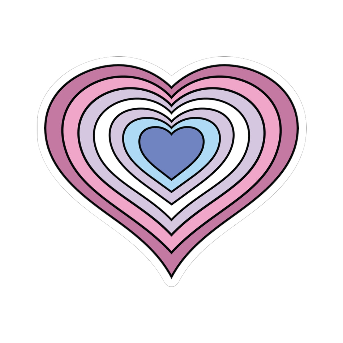 Heart-shaped bigender pride flag sticker featuring nested heart stripes in pink, purple, white, purple, and blue, outlined with a thin black border and a white sticker border. The sticker is shown on a white background.