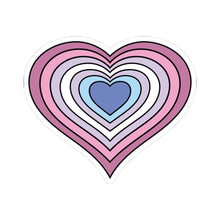 Heart-shaped bigender pride flag sticker featuring nested heart stripes in pink, purple, white, purple, and blue, outlined with a thin black border and a white sticker border. The sticker is shown on a white background.