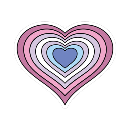 Heart-shaped bigender pride flag sticker featuring nested heart stripes in pink, purple, white, purple, and blue, outlined with a thin black border and a white sticker border. The sticker is shown on a white background.