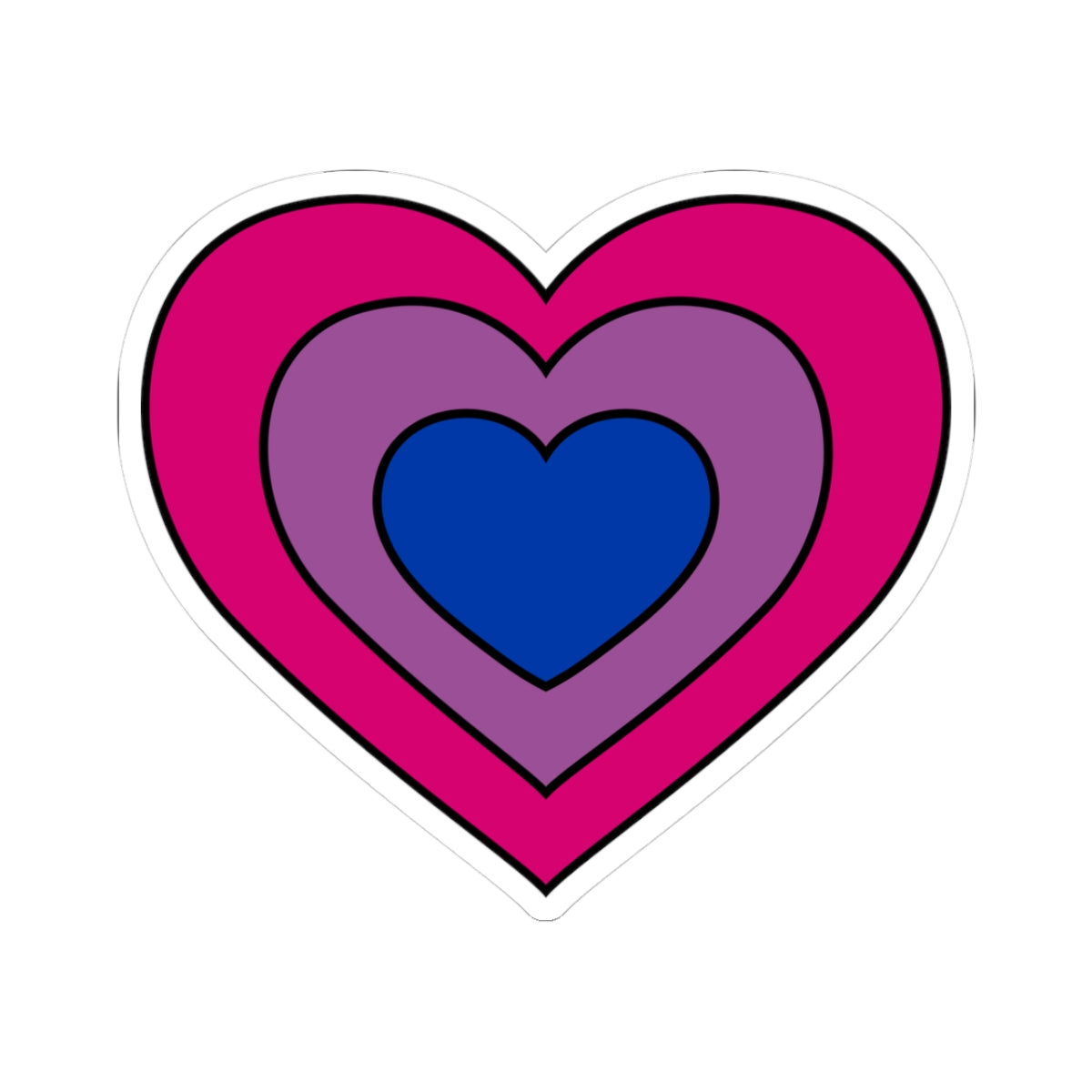Heart-shaped bisexual pride flag sticker featuring nested heart stripes in pink, purple, and blue, outlined with a thin black border and a white sticker border. The sticker is shown on a white background.