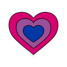 Heart-shaped bisexual pride flag sticker featuring nested heart stripes in pink, purple, and blue, outlined with a thin black border and a white sticker border. The sticker is shown on a white background.