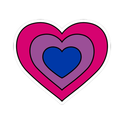 Heart-shaped bisexual pride flag sticker featuring nested heart stripes in pink, purple, and blue, outlined with a thin black border and a white sticker border. The sticker is shown on a white background.