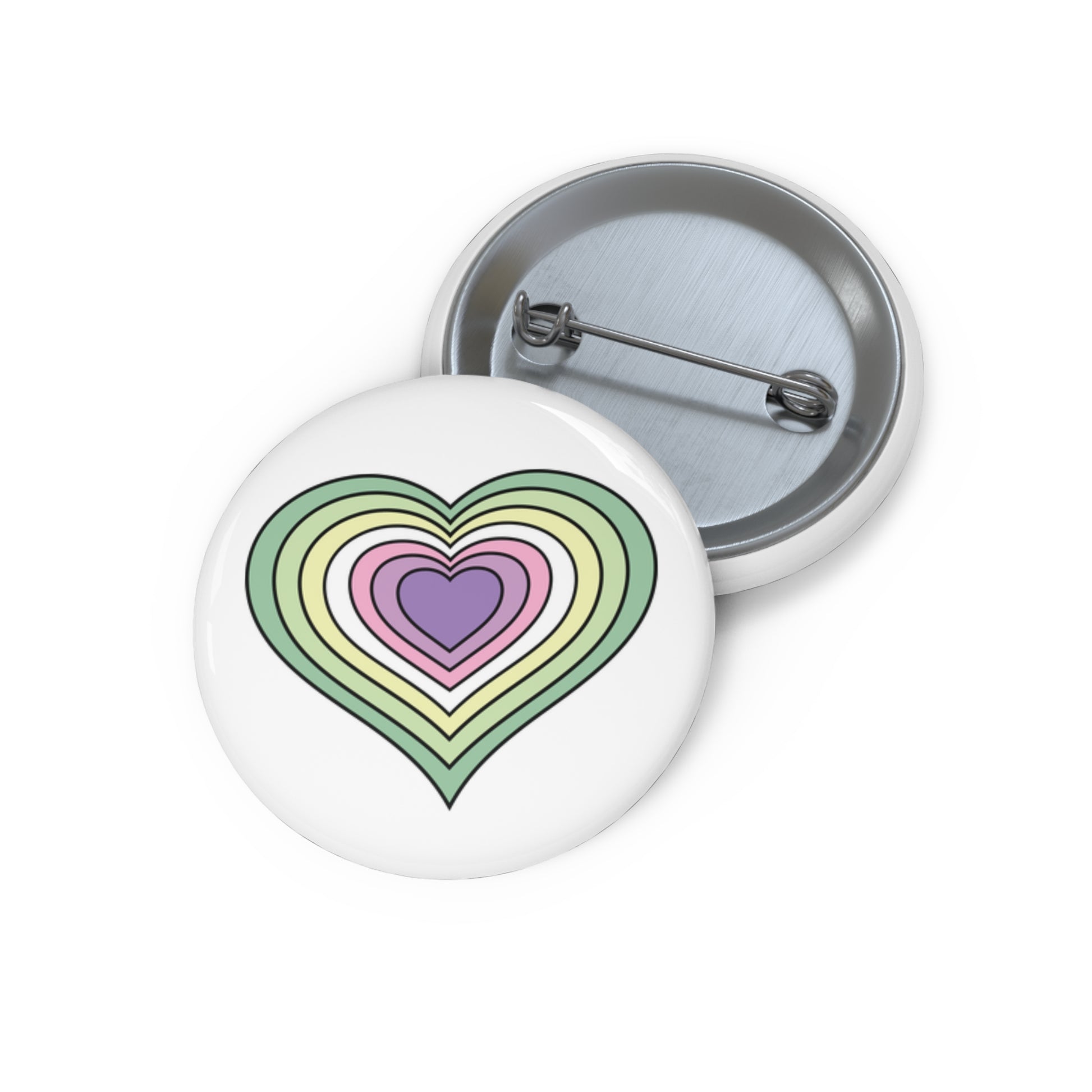 Front and back view of a white circular button with a heart-shaped genderfae flag image. The button is shown on a white background.