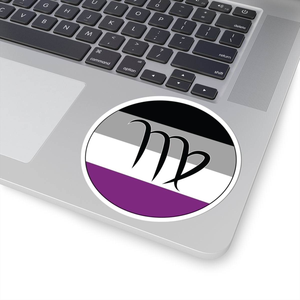 Close-up of the bottom right corner of a silver laptop featuring a 4 inch by 4 inch circular zodiac sticker with a centered Virgo glyph on an Asexual pride flag style background applied to the surface.