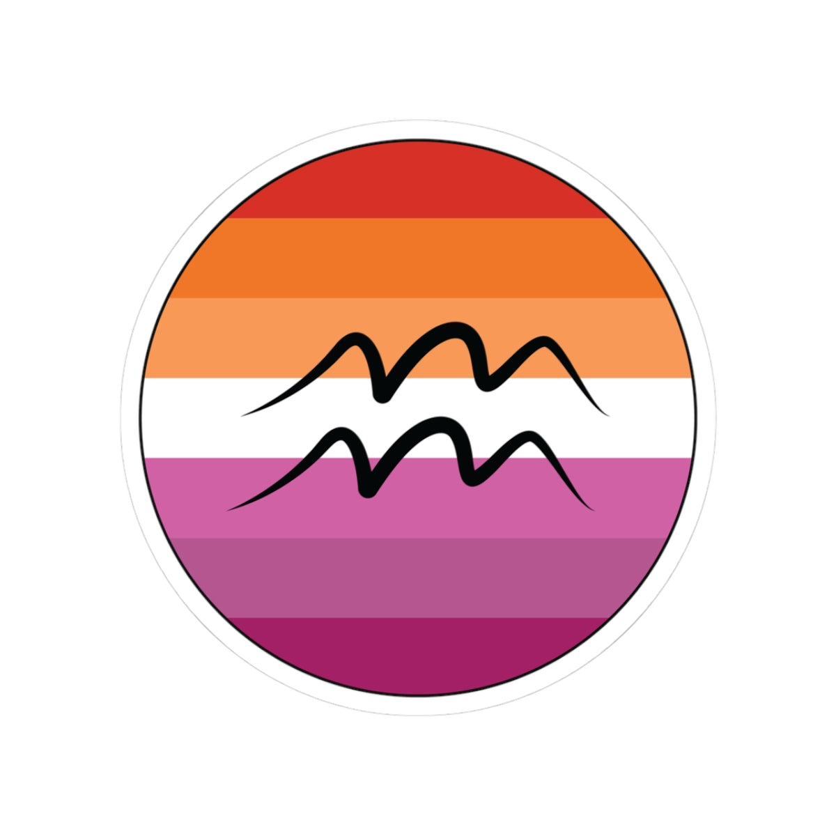 Circular lesbian pride flag zodiac sticker with a thin black outline and white sticker border, featuring a centered black Aquarius zodiac glyph. The sticker is shown on a white background.