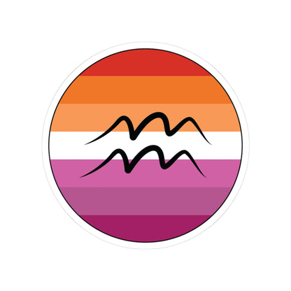 Circular lesbian pride flag zodiac sticker with a thin black outline and white sticker border, featuring a centered black Aquarius zodiac glyph. The sticker is shown on a white background.