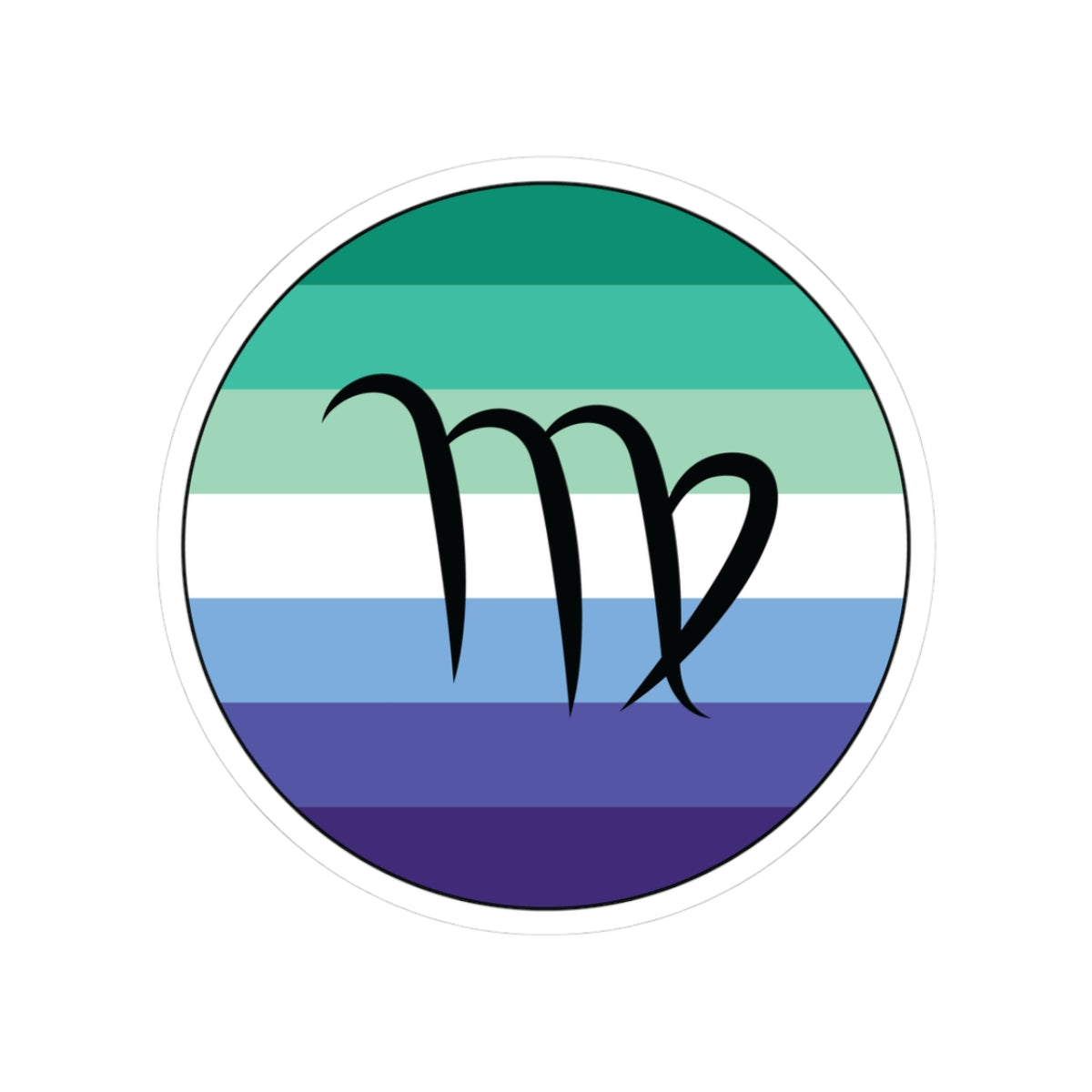 Circular gay men pride flag zodiac sticker with a thin black outline and white sticker border, featuring a centered black Virgo zodiac glyph. The sticker is shown on a white background.