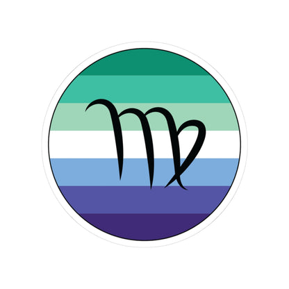 Circular gay men pride flag zodiac sticker with a thin black outline and white sticker border, featuring a centered black Virgo zodiac glyph. The sticker is shown on a white background.