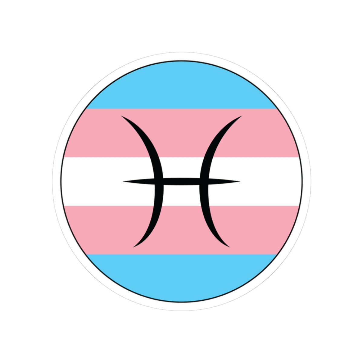 Circular transgender pride flag zodiac sticker with a thin black outline and white sticker border, featuring a centered black Pisces zodiac glyph. The sticker is shown on a white background.