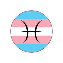 Circular transgender pride flag zodiac sticker with a thin black outline and white sticker border, featuring a centered black Pisces zodiac glyph. The sticker is shown on a white background.