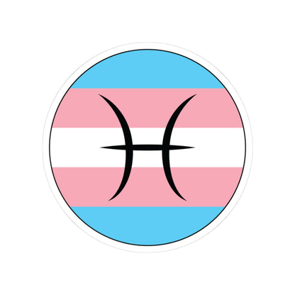 Circular transgender pride flag zodiac sticker with a thin black outline and white sticker border, featuring a centered black Pisces zodiac glyph. The sticker is shown on a white background.