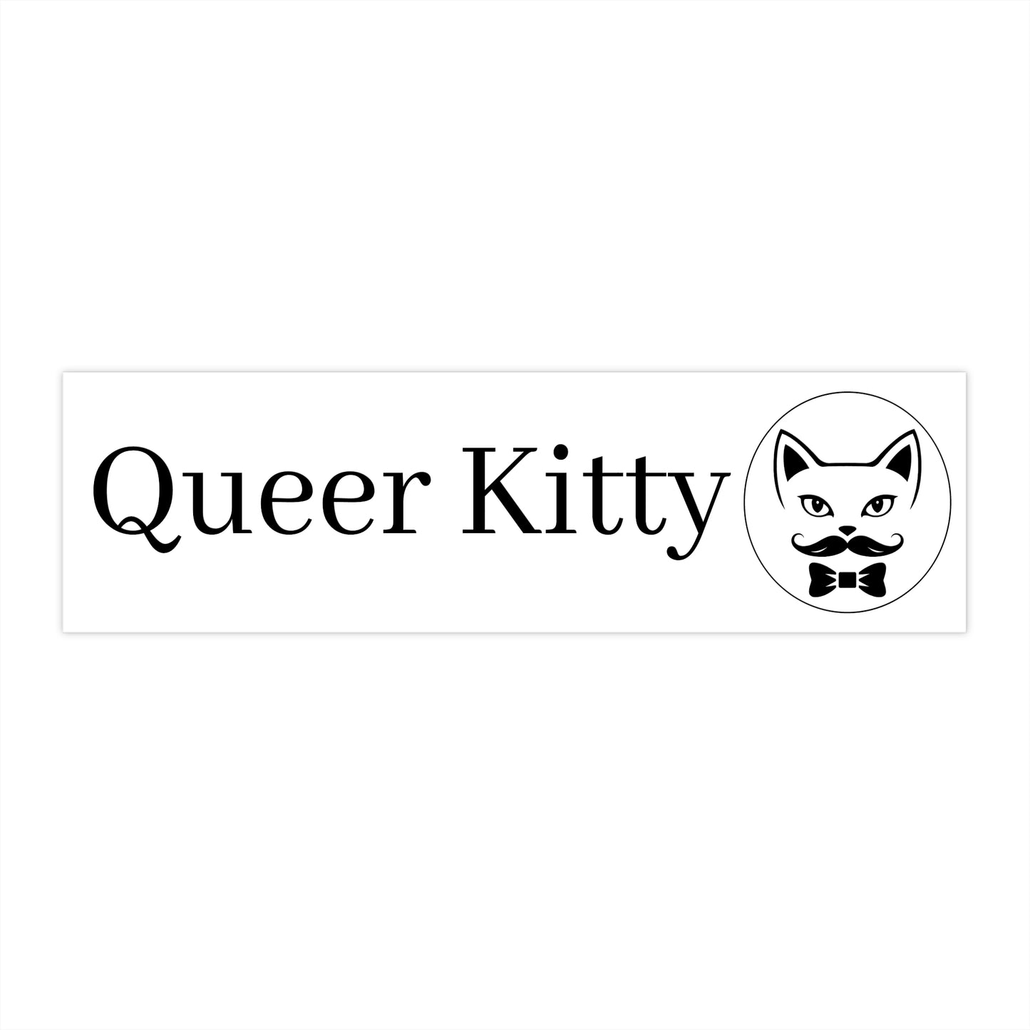 Rectangular Queer Kitty bumper sticker featuring the words “Queer Kitty” in black text with a circular cat logo showing a stylized cat face with a mustache and bow tie. The sticker is shown on a white background.