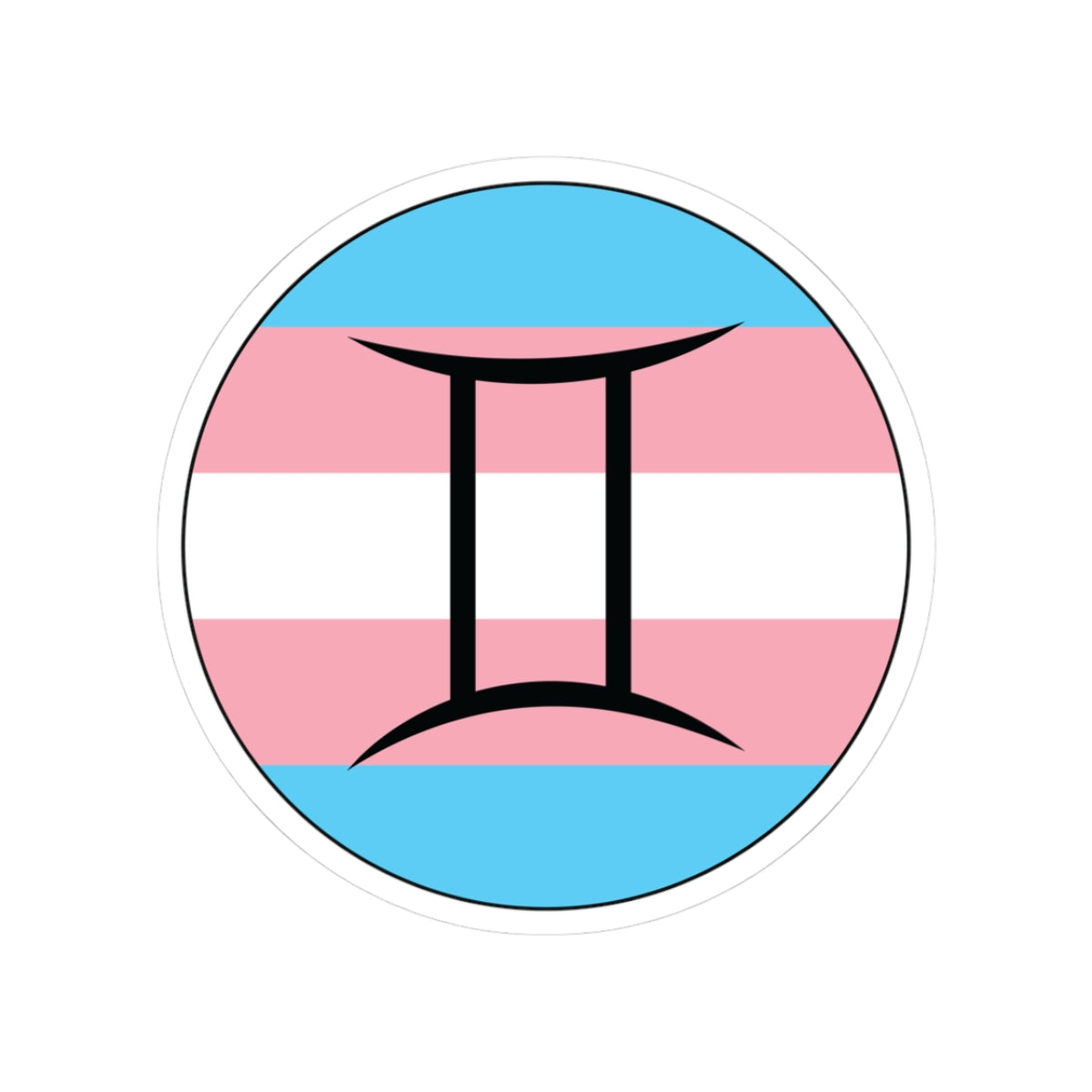 Circular transgender pride flag zodiac sticker with a thin black outline and white sticker border, featuring a centered black Gemini zodiac glyph. The sticker is shown on a white background.
