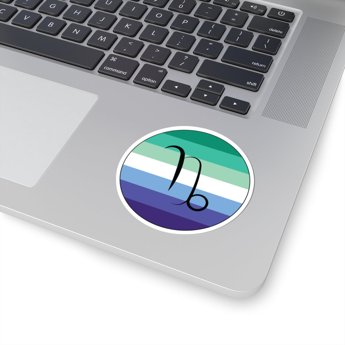 Close-up of the bottom right corner of a silver laptop featuring a 3 inch by 3 inch circular zodiac sticker with a centered Capricorn glyph on a Gay Men pride flag style background applied to the surface.