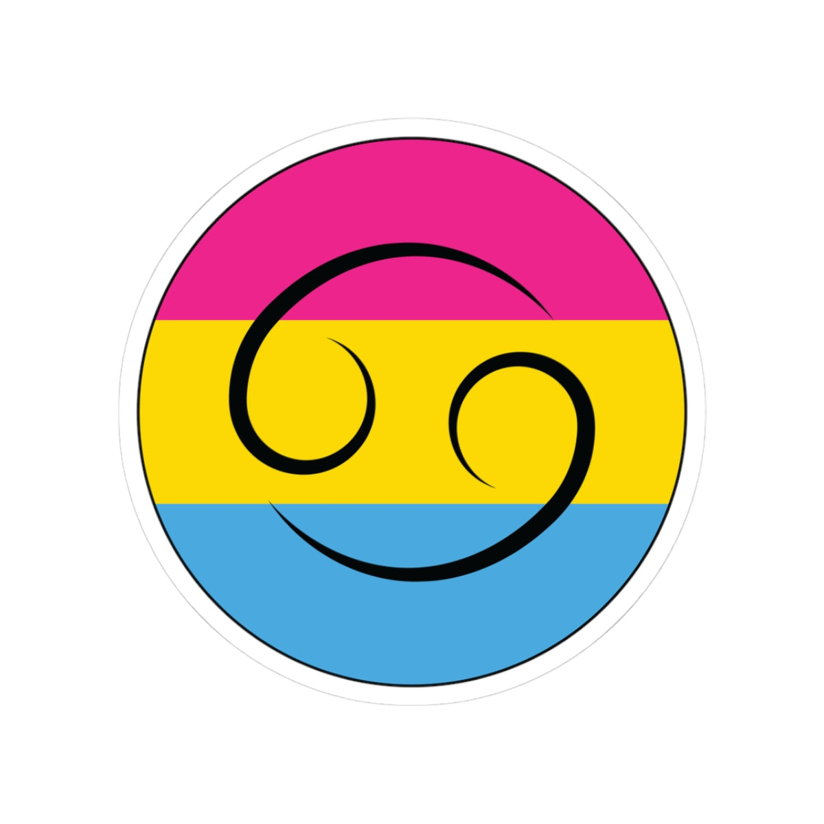 Circular pansexual pride flag zodiac sticker with a thin black outline and white sticker border, featuring a centered black Cancer zodiac glyph. The sticker is shown on a white background.