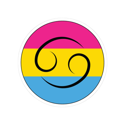 Circular pansexual pride flag zodiac sticker with a thin black outline and white sticker border, featuring a centered black Cancer zodiac glyph. The sticker is shown on a white background.