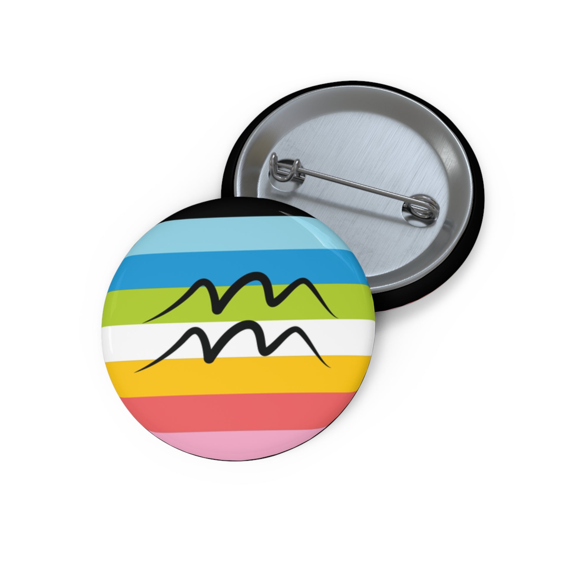 Front and back view of a circular queer pride flag button featuring the Aquarius zodiac symbol in black centered on the front.
