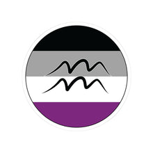 Circular asexual pride flag zodiac sticker with a thin black outline and white sticker border, featuring a centered black Aquarius zodiac glyph. The sticker is shown on a white background.