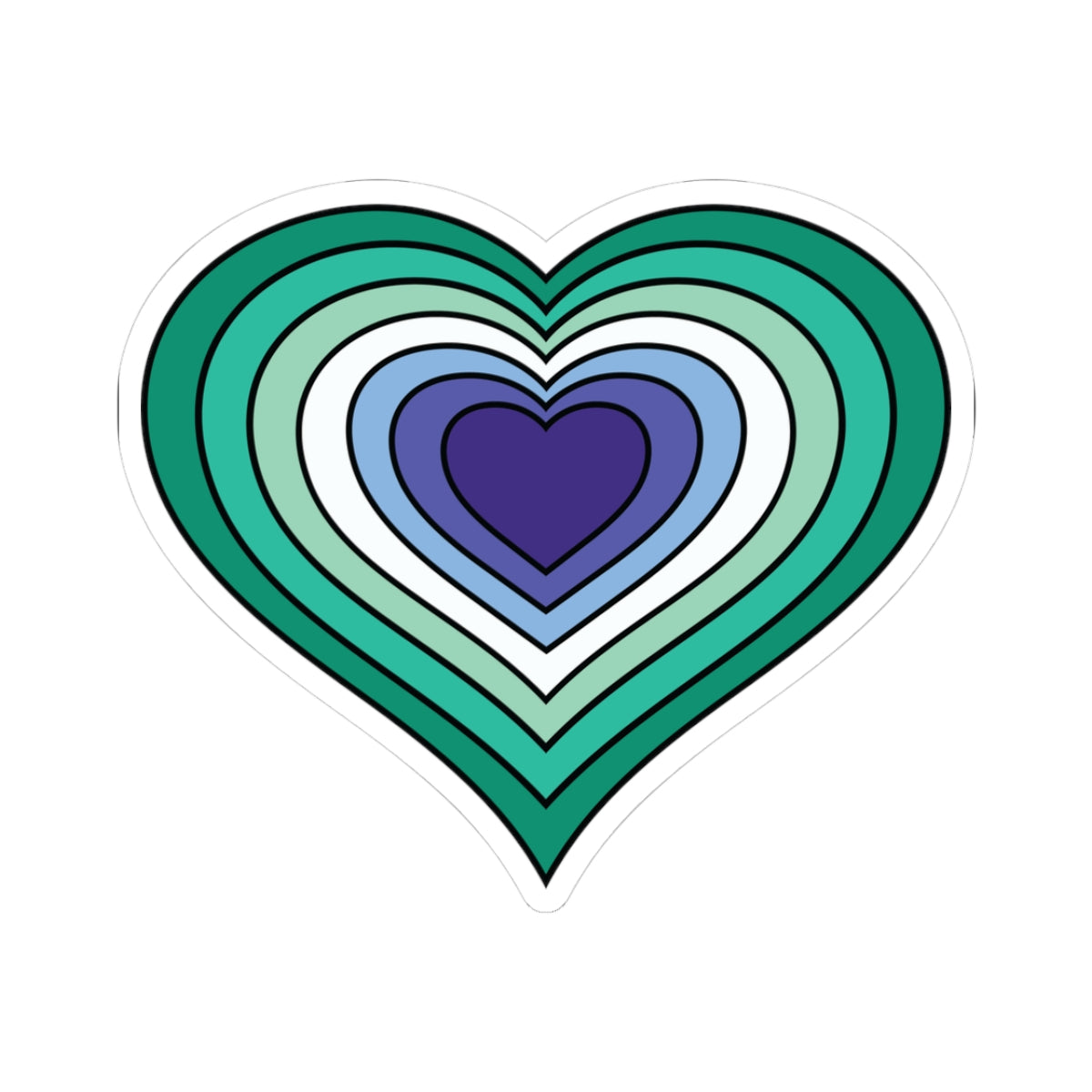 Heart-shaped gay men (MLM) pride flag sticker featuring nested heart stripes in dark green, green, light green, white, light blue, blue, and dark blue, outlined with a thin black border and a white sticker border. The sticker is shown on a white background.