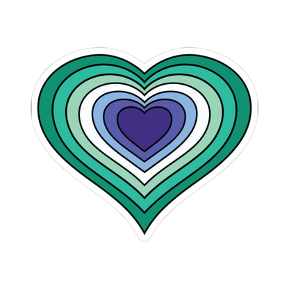 Heart-shaped gay men (MLM) pride flag sticker featuring nested heart stripes in dark green, green, light green, white, light blue, blue, and dark blue, outlined with a thin black border and a white sticker border. The sticker is shown on a white background.