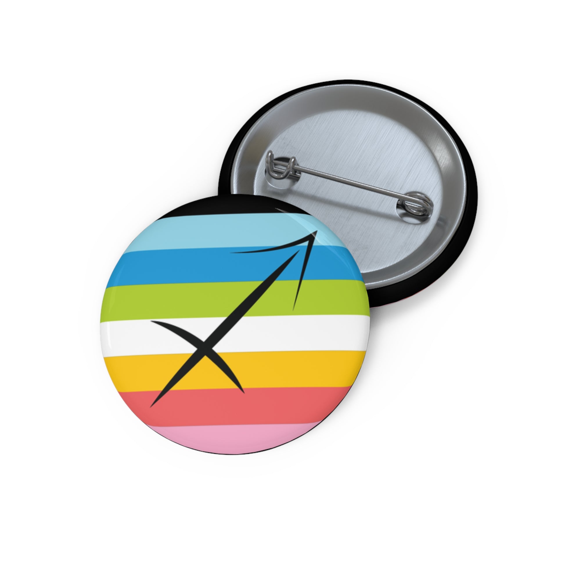 Front and back view of a circular queer pride flag button featuring the Sagittarius zodiac symbol in black centered on the front.