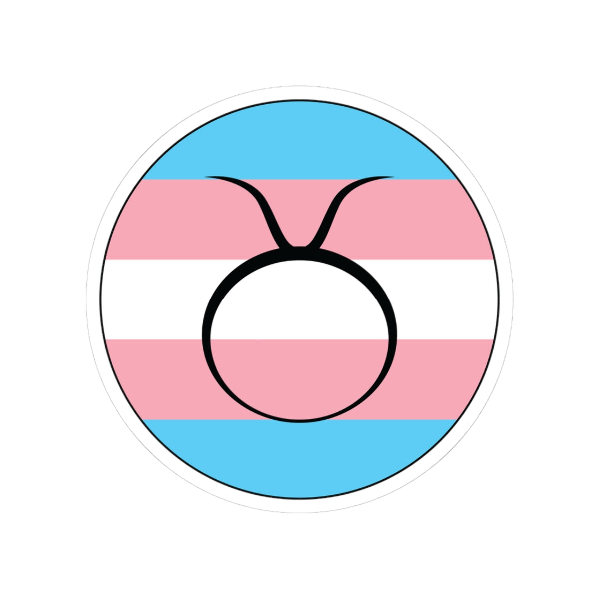 Circular transgender pride flag zodiac sticker with a thin black outline and white sticker border, featuring a centered black Taurus zodiac glyph. The sticker is shown on a white background.