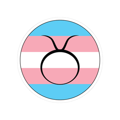 Circular transgender pride flag zodiac sticker with a thin black outline and white sticker border, featuring a centered black Taurus zodiac glyph. The sticker is shown on a white background.