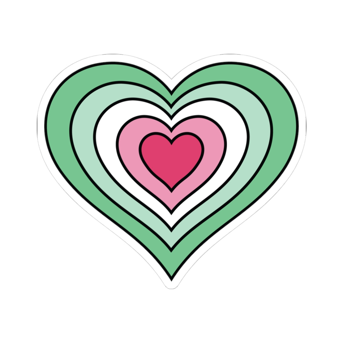 Heart-shaped abrosexual pride flag sticker featuring nested heart stripes in dark green, light green, white, pink, and dark pink, outlined with a thin black border and a white sticker border. The sticker is shown on a white background.