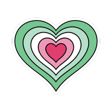 Heart-shaped abrosexual pride flag sticker featuring nested heart stripes in dark green, light green, white, pink, and dark pink, outlined with a thin black border and a white sticker border. The sticker is shown on a white background.